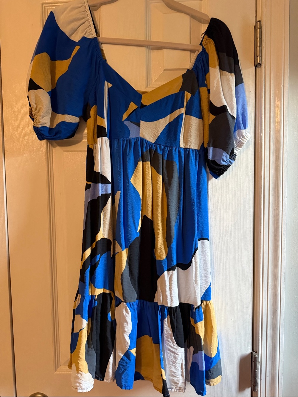 Nine West Blue, Yellow, White, Black Abstract Tiered Midi Dress